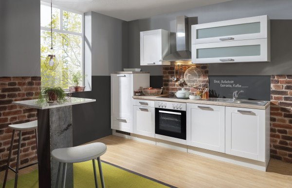 Einbauküche "White Premium" weiß matt Landhausfront, inkl. E-Geräte + Geschirrspüler, 270 cm