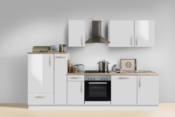 Einbauküche "White Premium", hochglanz weiß, inkl. E-Geräte + Geschirrspüler, 300 cm