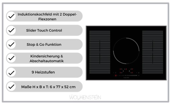 WOLKENSTEIN Induktionskochfeld WIF77-2FZF, 2 Flexzonen, Booster Funktion