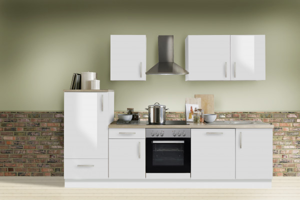 Einbauküche "White Premium", hochglanz weiß, inkl. E-Geräte + Geschirrspüler, 280 cm