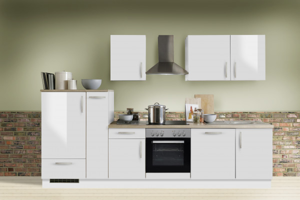 Einbauküche "White Premium" weiß Hochglanz inkl. E-Geräte + Geschirrspüler+ Apothekerschrank 310 cm